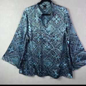 Lane Bryant Satin Popover Tunic Top Size 14 /16Blue Paisley Peasant Flare Sleeve